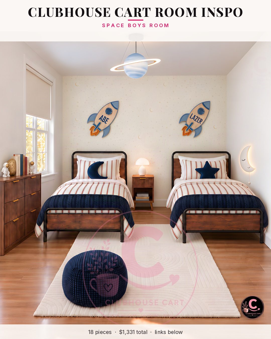 Space themed boys room with twin beds, rocket signs, a moon lamp and star wallpaper